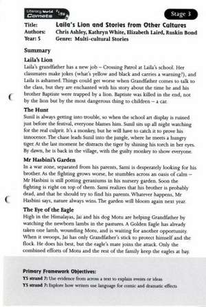 Literacy World Comets Stage 3: Laila's Lion and Stories Guided Reading Card Framework Ed de Chris Ashley