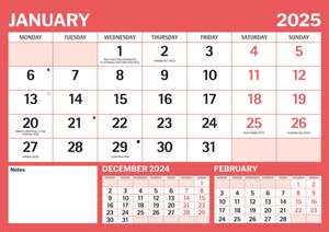 Calendars, C: Red & Black Large Boldtype Landscape A4 Calend