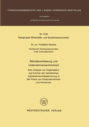 Betriebsverfassung und Unternehmenswirklichkeit: Eine Analyse von Organisation und Formen der betrieblichen Arbeitnehmermitbestimmung in der Praxis von Großunternehmen und Konzernen de Friedbert Rancke