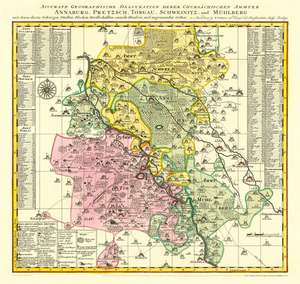 Historische Karte: Ämter Annaburg, Pretzsch, Torgau, Schweinitz und Mühlberg, 1757 (Plano) de Peter (der Jüngere) Schenk