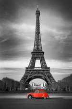 Red French Car in Front of Eiffel Tower in Paris France Journal